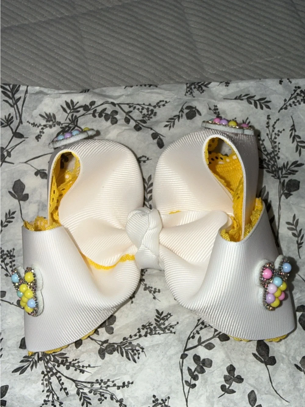 Children's White and Yellow Bow Hair Clip with Pastel Bead Accents